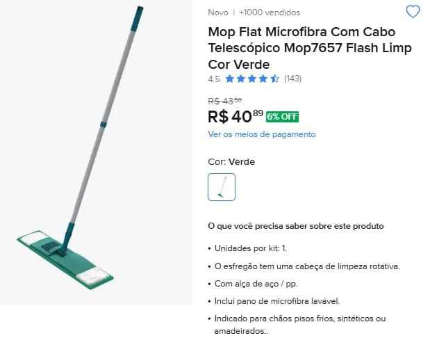 Mop Flat Microfibra Com Cabo Telescópico Mop7657 Flash Limp Cor Verde - 1