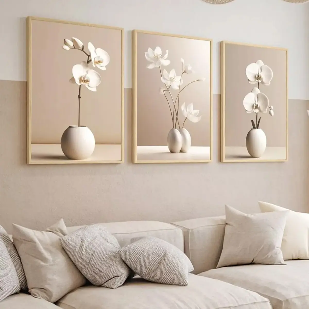 Kit 3 Quadros Decorativos Flores Orquídea Bege Boho Moldura 40cm x 60cm - 1