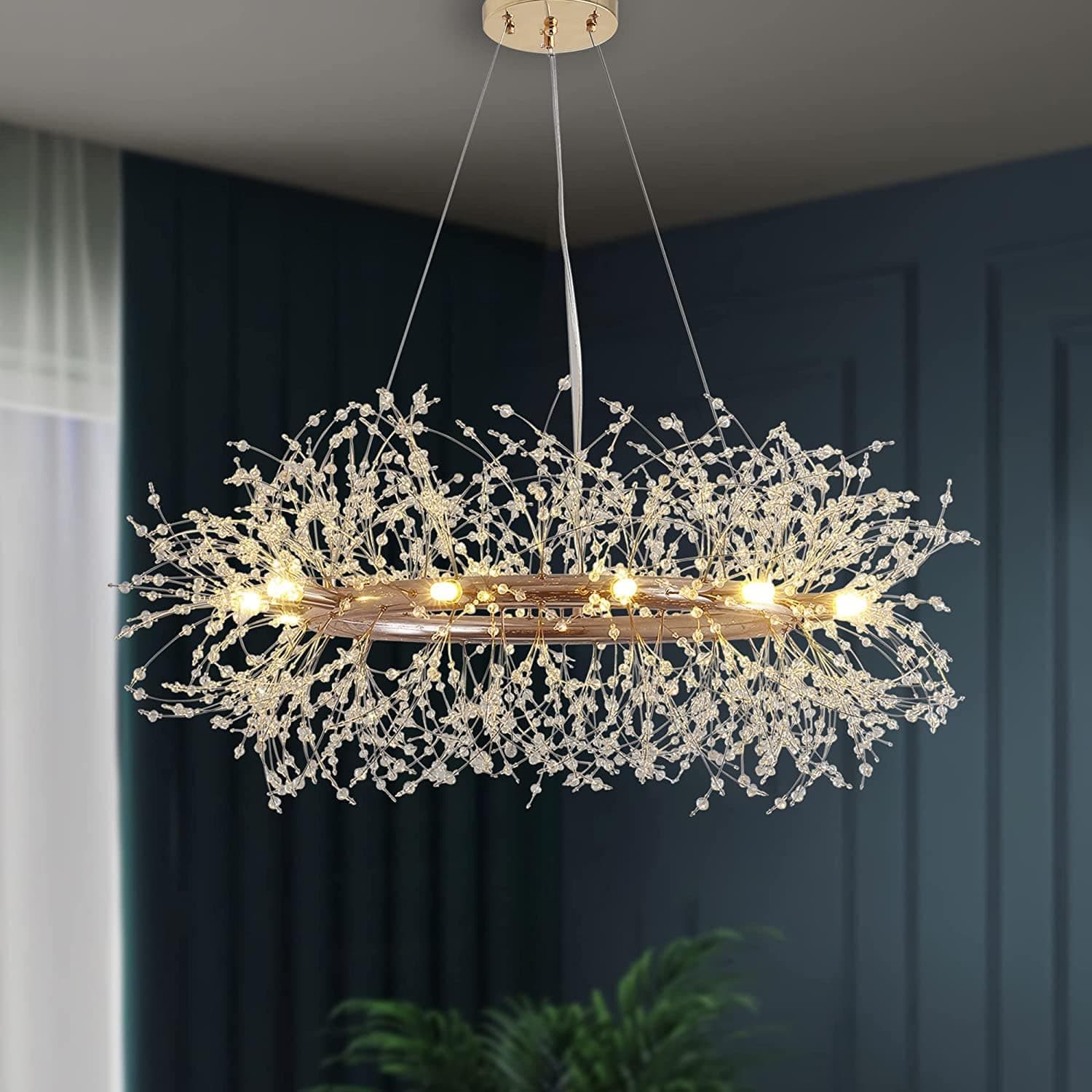 Lustre de cristal de fogos de artifício, dente de leão, luminária de teto moderna, sala de estar, cozinha, ilha, 12 luzes, Dourado - 1