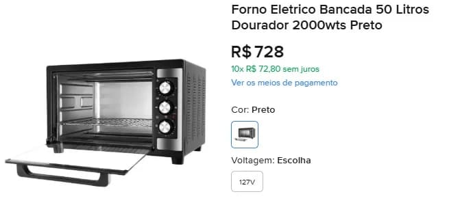 Forno Eletrico Bancada 50 Litros Dourador 2000wts Preto 127V - 1