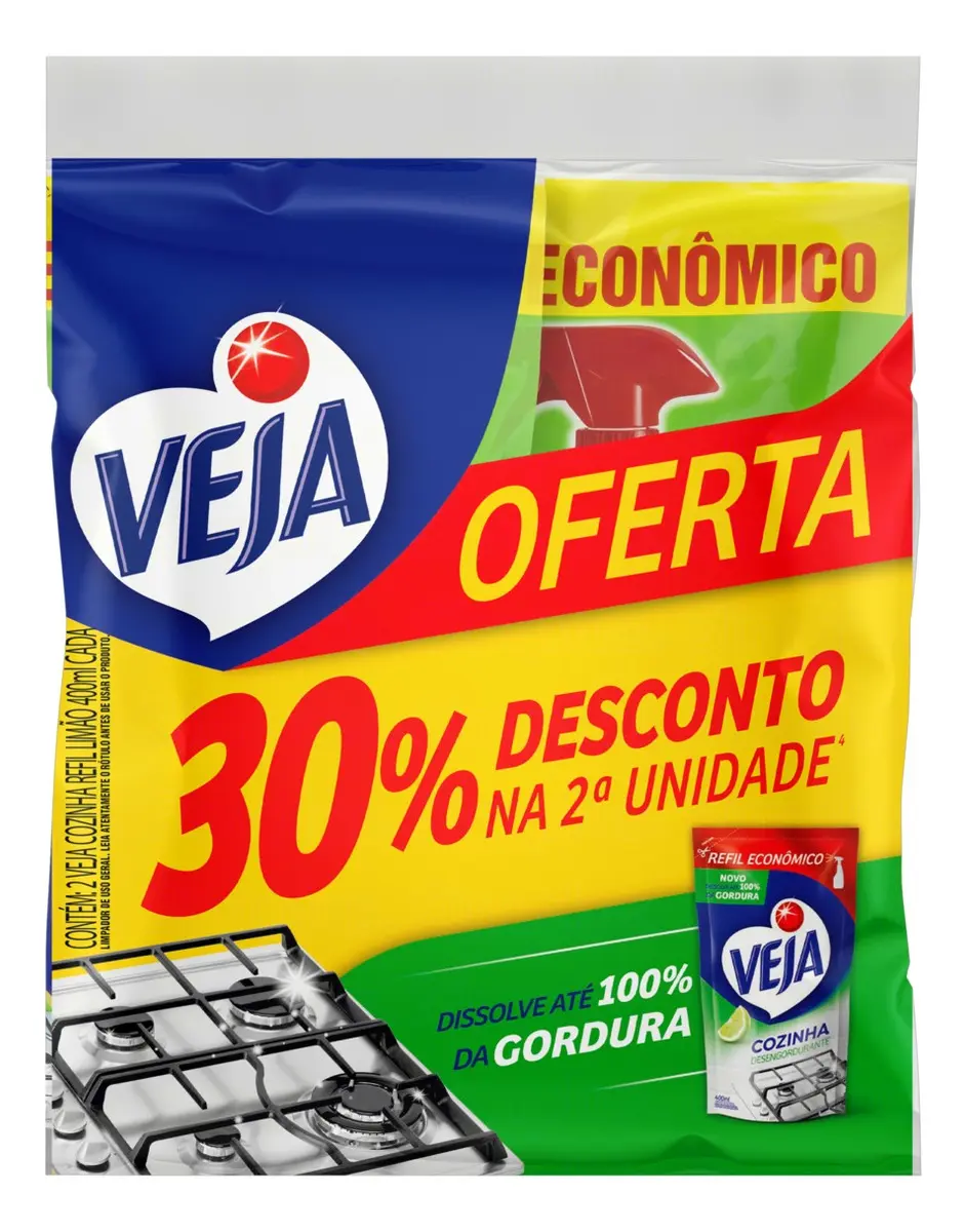 Kit Limpador Desengordurante Cozinha Limão Refil 400ml Veja - 1
