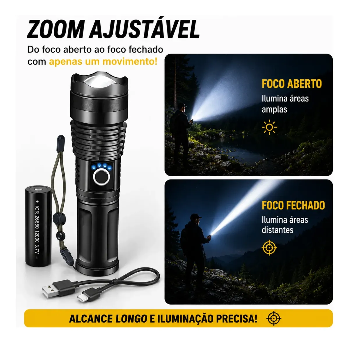 Lanterna Tática Led Usb Recarregável Zoom Alta Potência Alcance de projeção: 1000m. - 1