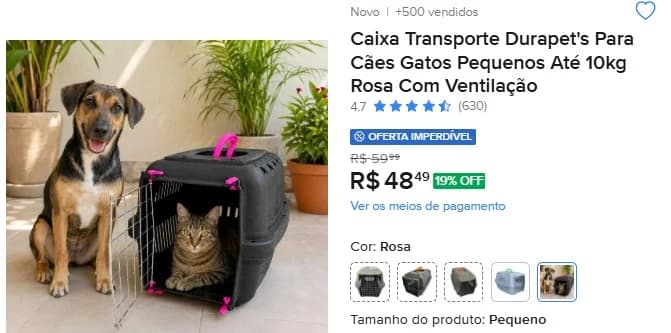 Caixa Transporte Durapet's Para Cães Gatos Pequenos Até 10kg Rosa Com Ventilação - 1