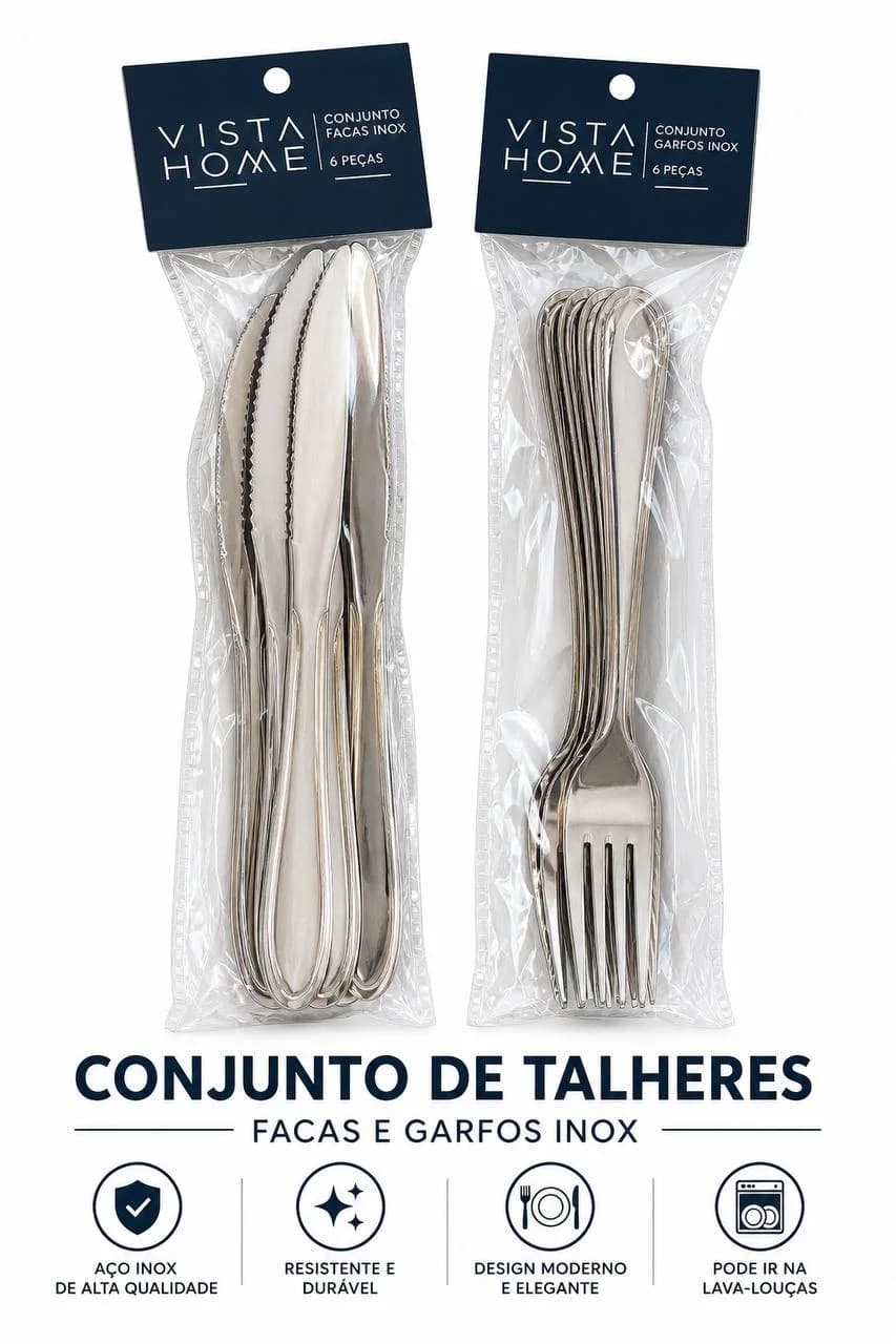 Jogo Garfo Faca Inox 12 peças Vista Home Conjunto Talheres - 1