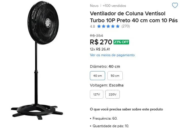 Ventilador de Coluna Ventisol Turbo 10P Preto 40 cm com 10 Pás 220V - 1