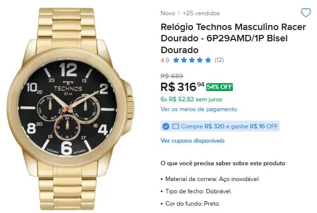 Relógio Technos Masculino Racer Dourado - 6P29AMD/1P Bisel Dourado - 1