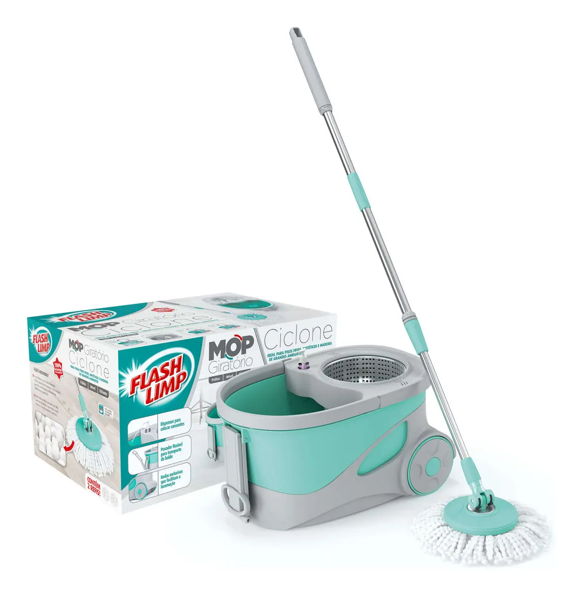 Mop Giratório Ciclone Cesto Inox 20lts Mop7290 Flash Limp Cor Verde - 1