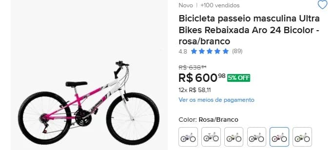 Bicicleta passeio masculina Ultra Bikes Rebaixada Aro 24 Bicolor - rosa/branco - 1