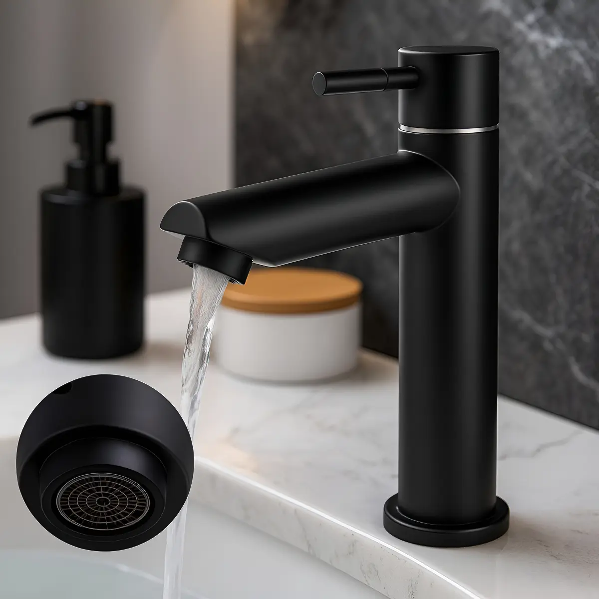 Torneira Lavatório Preta Água Fria Aço Inox Fosca Banheiro Bancada Lavabo - 1