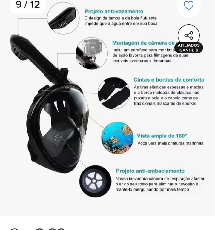 Máscara de Mergulho Snorkel Full Face Suporte Gopro Câmera - 3