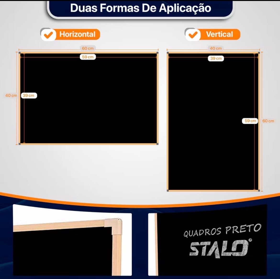 Quadro Negro 60x40cm Lousa Preta Stalo Moldura MDF Recados Giz Escolar Decoração Cafeteria - 1