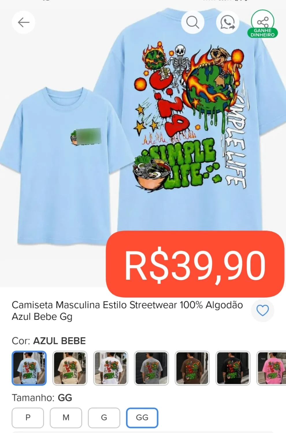 Camiseta Masculina streetwear Tam GG 100% Algodão - 1