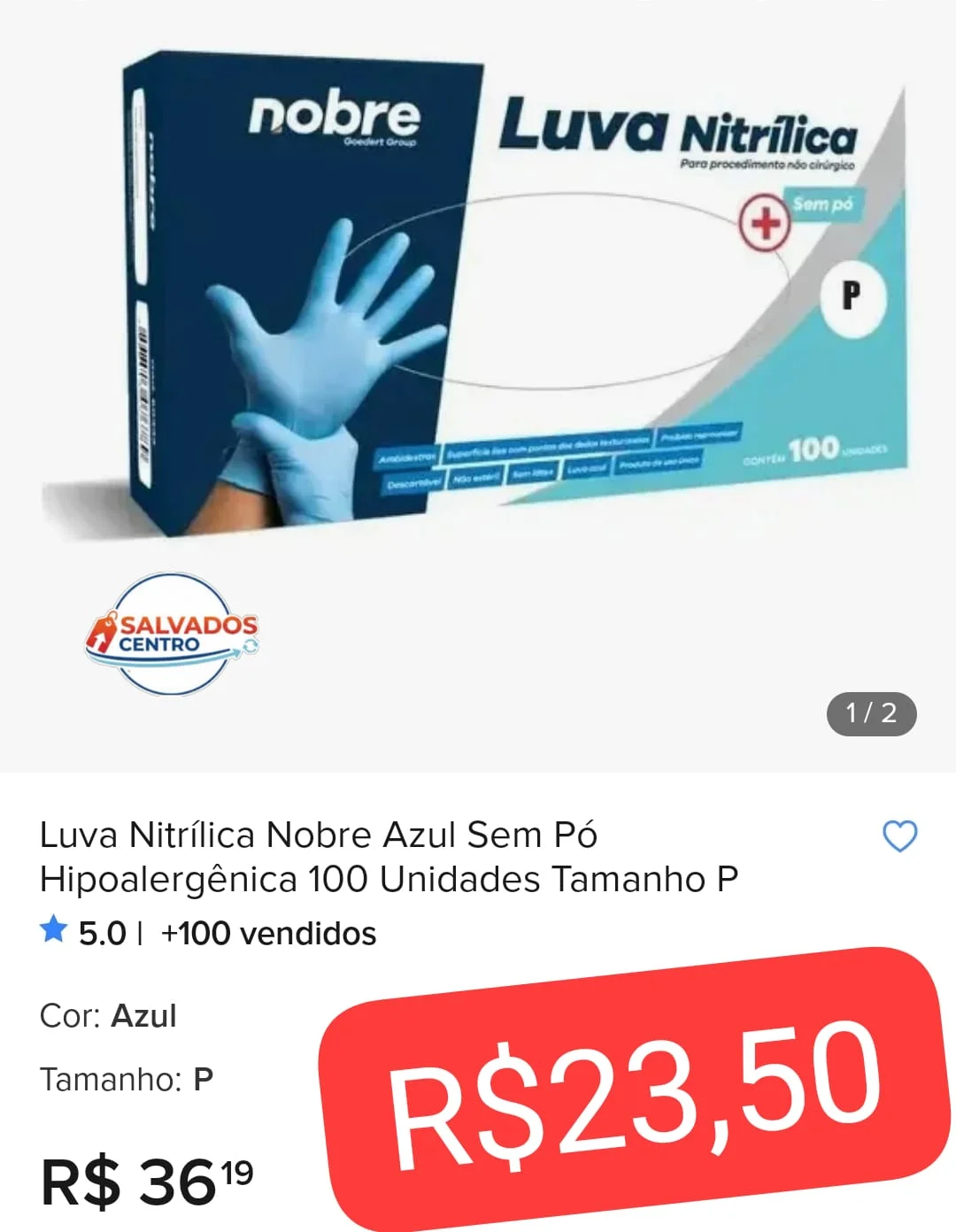 Luva nitrilica Nobre Azul sem pó Hipoalergênica 100 unidades 🔥 Tam P - 1