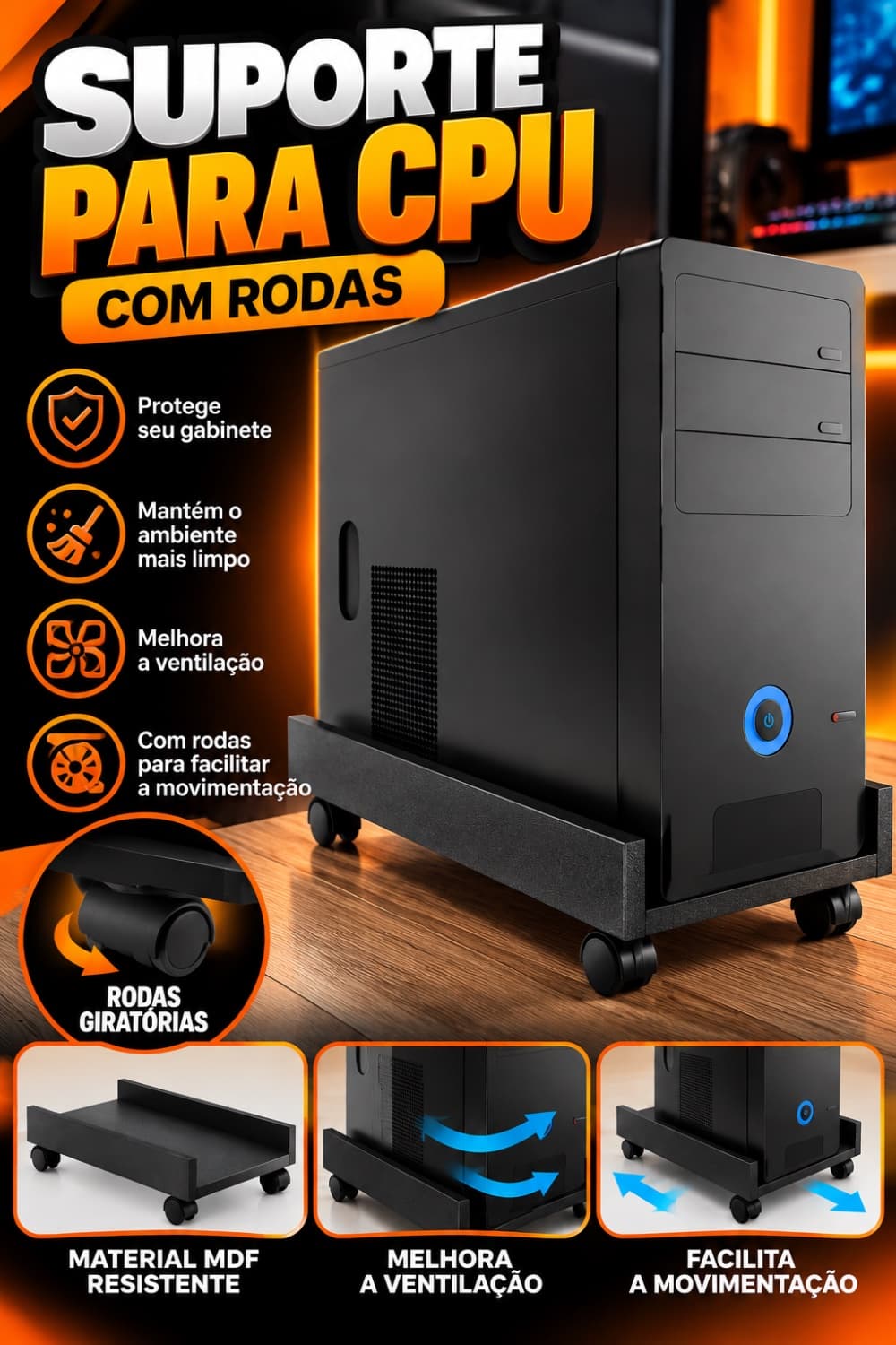 Suporte Gabinete MDF C/ rodas cor preto - 1