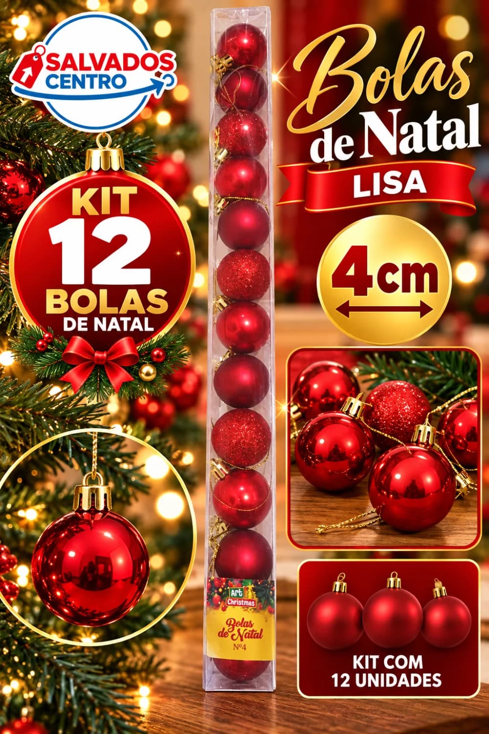 Kit 12 Bolinhas De Natal 4cm Fosca Glitter Lisa Enfeites Cor Vermelho - 1