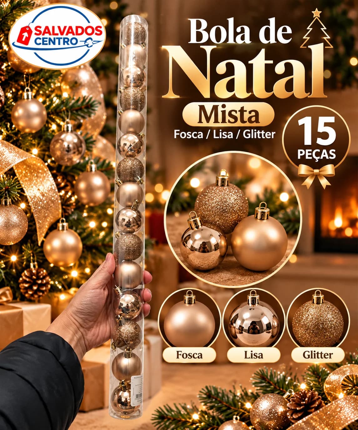 Bola De Natal Mista Fosca/lisa/glitter Champanhe Com 15 Pcs Lisa fosca glitter - 1
