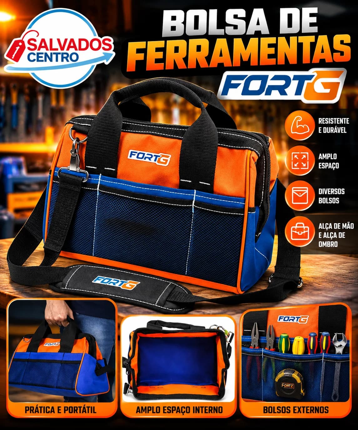 Bolsa Ferramentas FortG Pro 31cm Azul/Laranja Forro Duplo Fundo Reforçado - 1