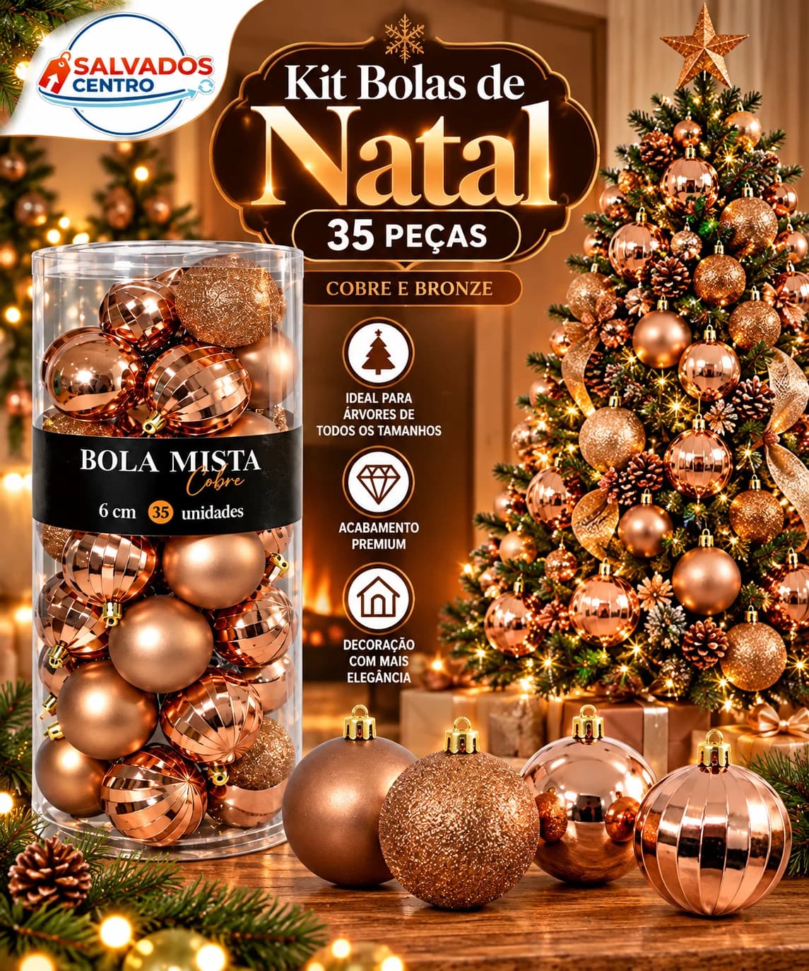 Kit 35 Enfeites Bolas De Natal Luxo Cobre Bronze P Árvore - 1