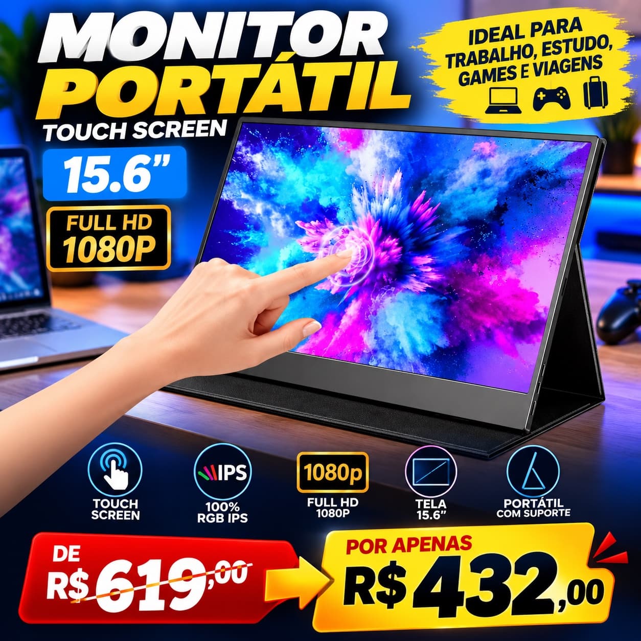 Monitor Portatil Touch Screen Gamer15.6 Full Hd 100% Rgb Ips - 1