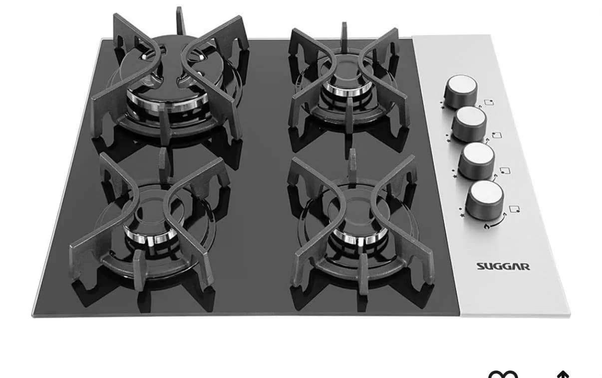 SUGGAR COOKTOP VIDRO PRETO E INOX A GÁS 4 QUEIMADORES FG4404FVPIX - 1