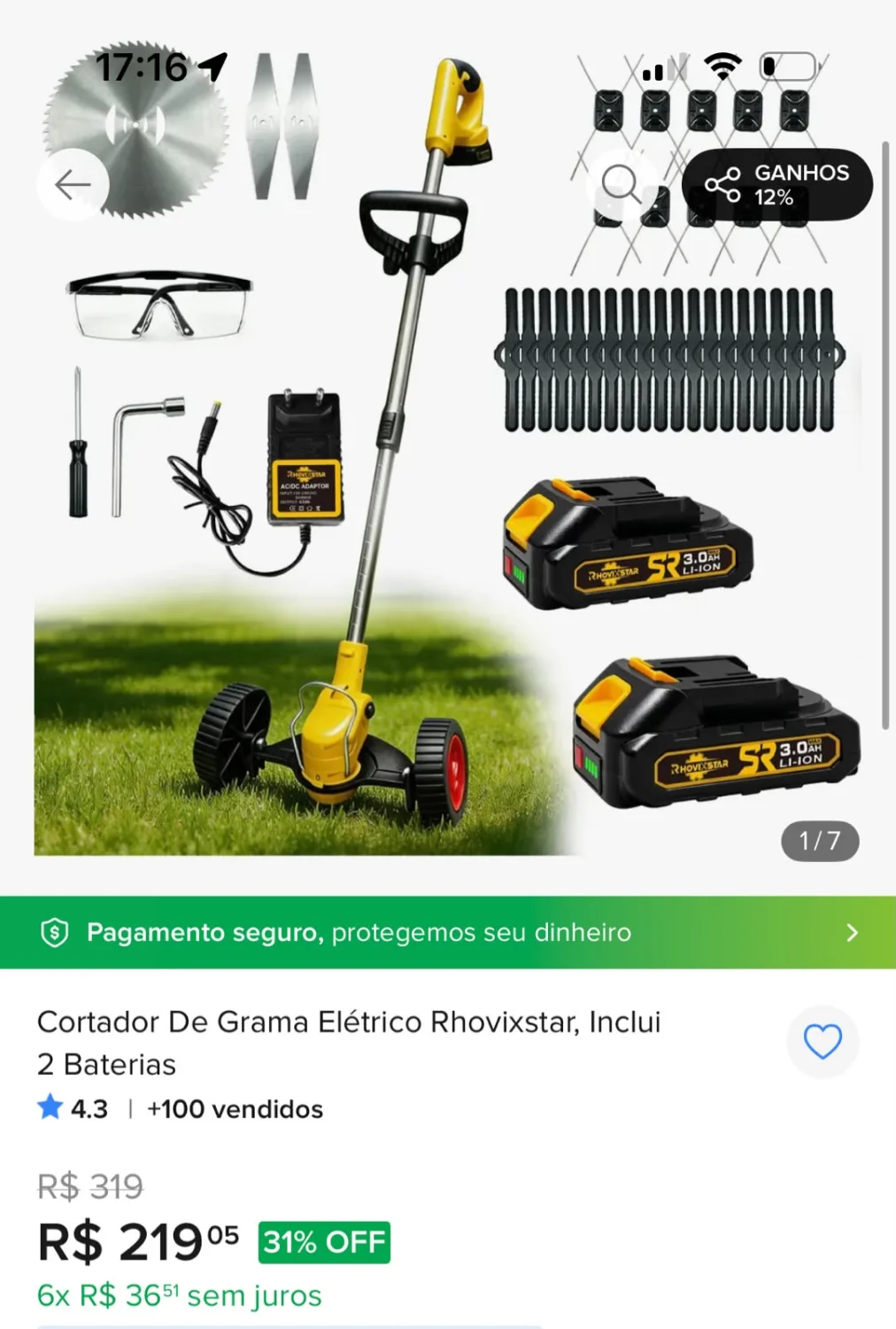Cortador de Grama Elétrico sem Fio da marca Rhovixstar, que acompanha um kit completo de acessórios e 2 baterias. - 2