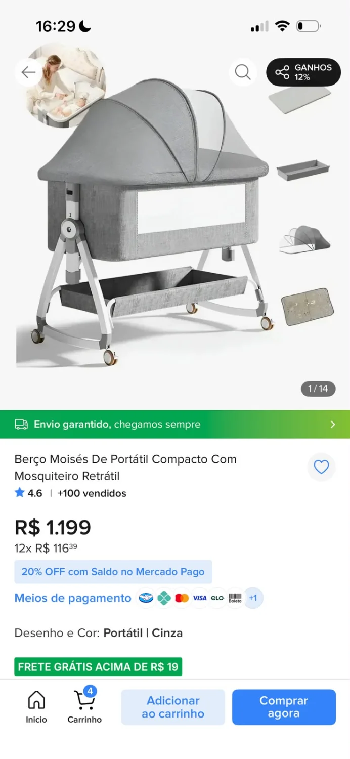 Berço Moisés de Bebê Portátil Compacto com Mosquiteiro Retrátil, na cor cinza. - 2