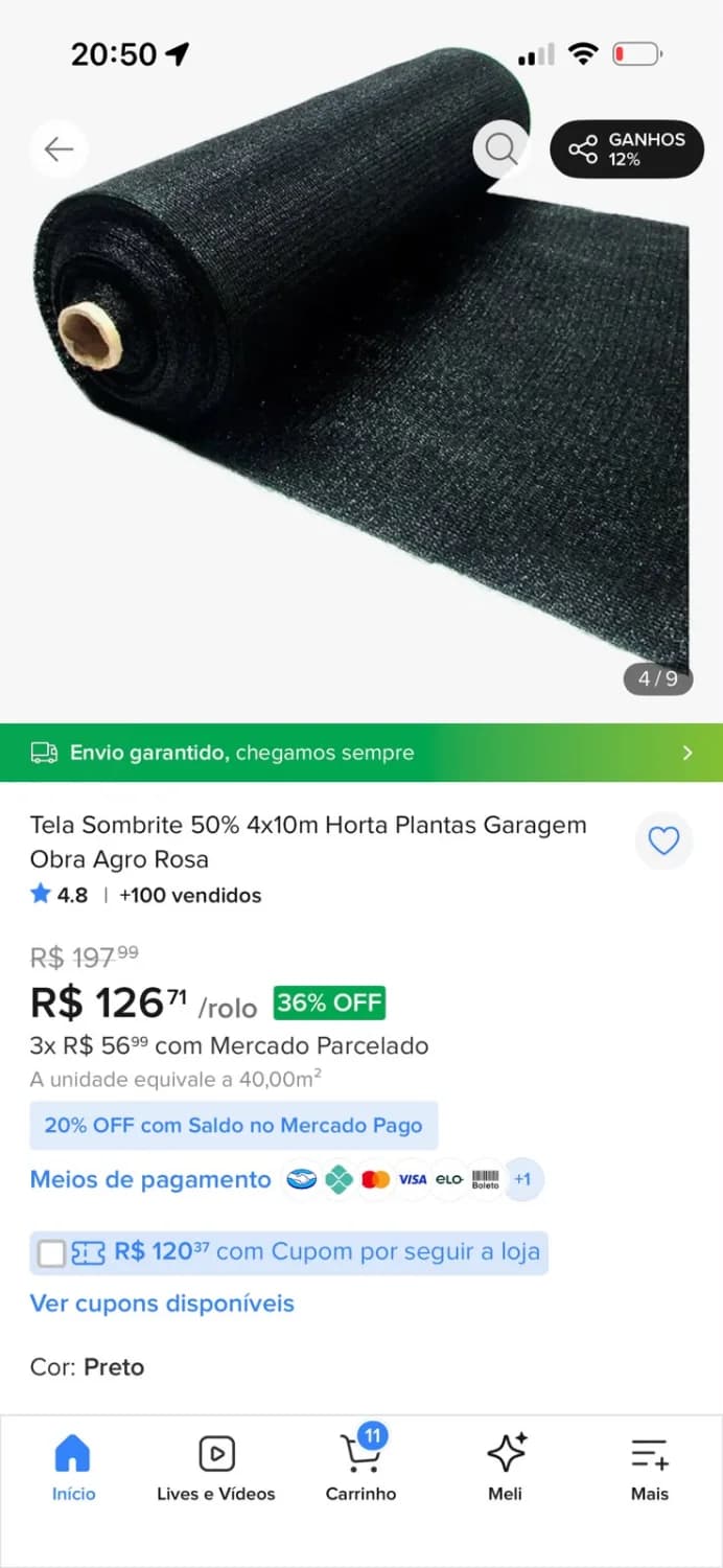 Tela Sombrite 50% Preta – 4 × 10 metros - 1