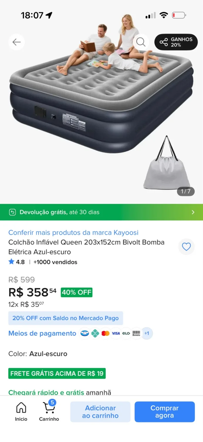 Colchão Inflável de Casal Tamanho Queen (203x152 cm) com Bomba Elétrica Embutida Bivolt, na cor azul-escuro - 2