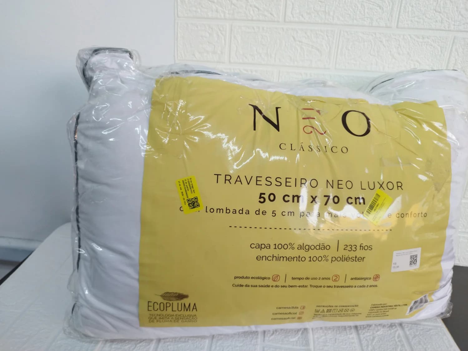Travesseiro Neo Luxor Ecopluma Percal Algodao 233 Fios 50x70 Branco - 1