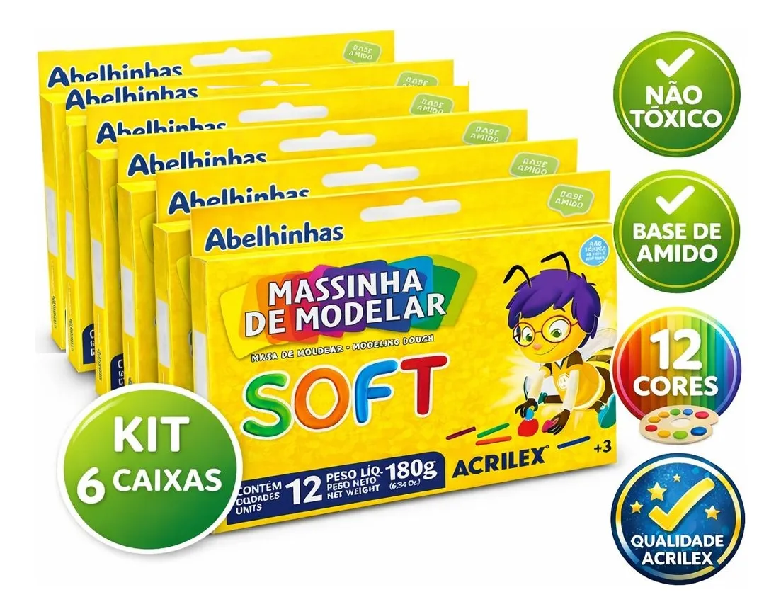 Kit 6 Massinha De Modelar Soft 180g 12cores Escolar Infantil - 1