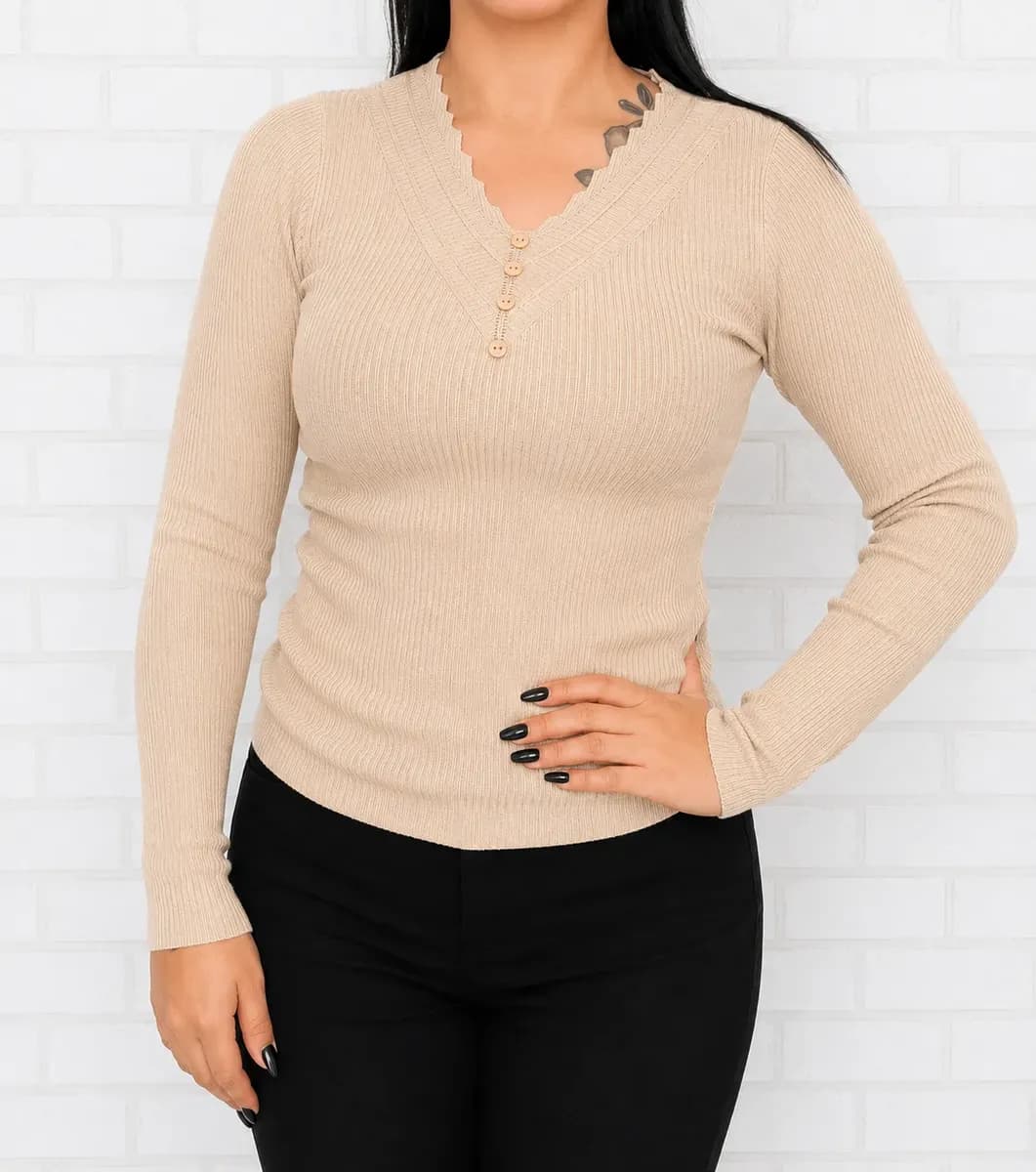 Blusa Camiseta Manga Longa Canelada C/ Botão Casual Versát - 1