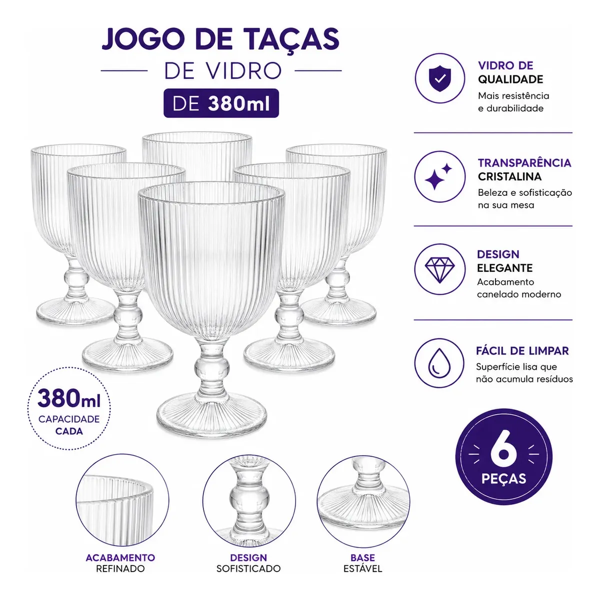 Conjunto Jogo De Taças Vidro Água Vinho 380ml 6 Peças - 1