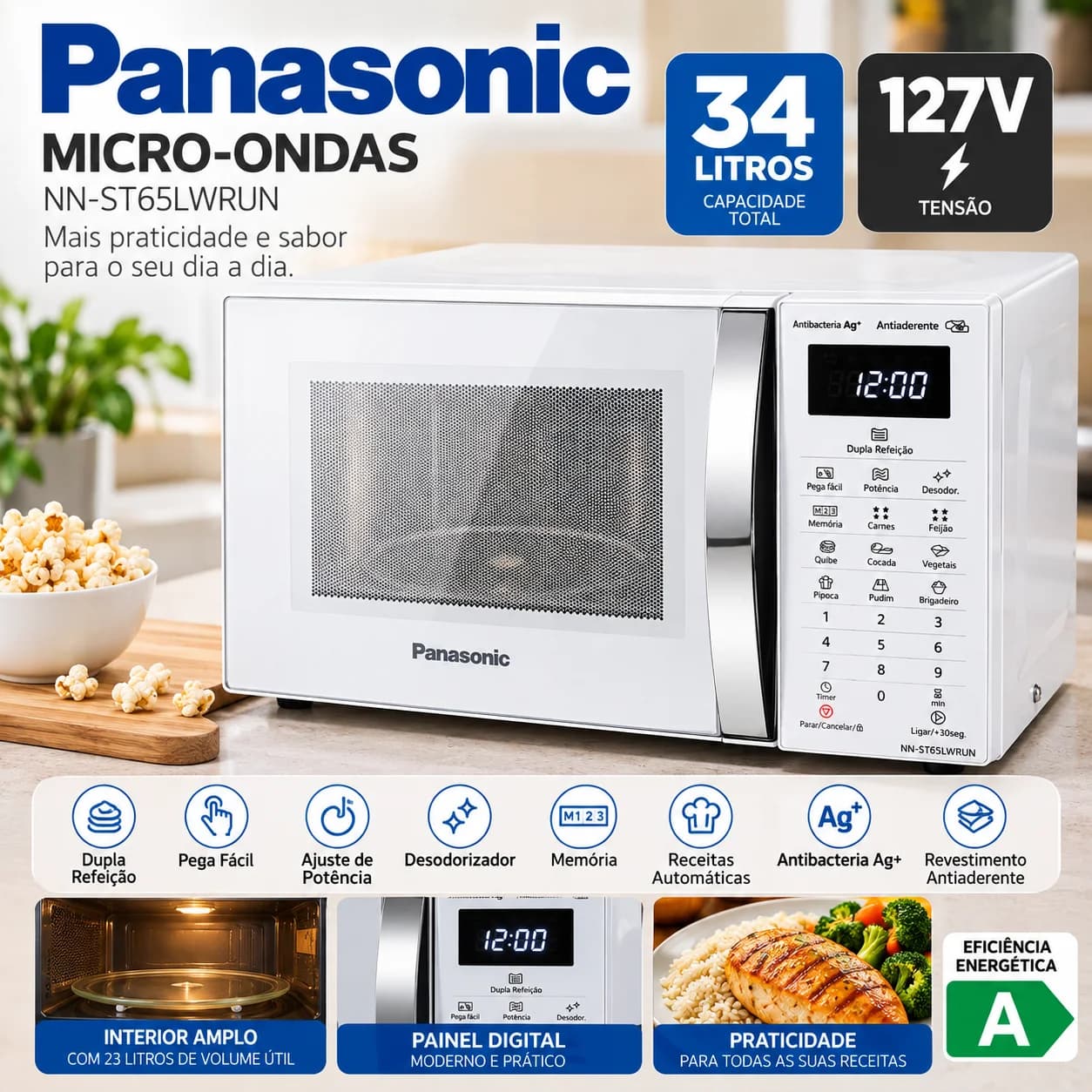 Micro-ondas Panasonic 34L NN-ST65LWRUN 127V Branco Digital – Dupla Refeição \ com avaria - 1