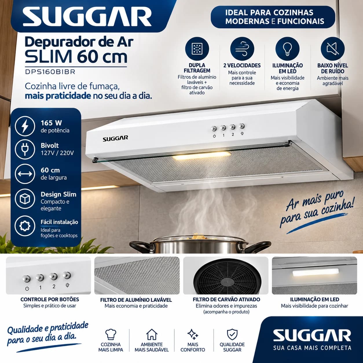 Depurador de Ar Suggar Slim 60cm DPS160BIBR 165W Bivolt Branco - 1