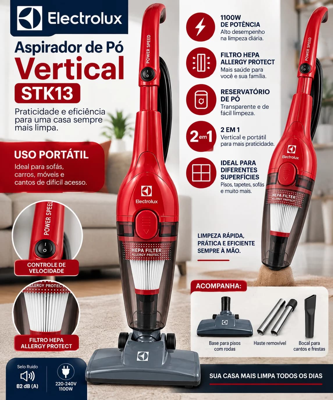 Aspirador de Pó Vertical Electrolux STK13 2 em 1 1100W 220V Filtro HEPA Vermelho - 1