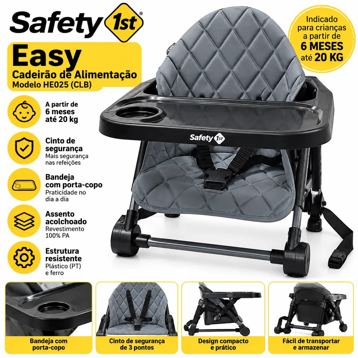 Cadeirão de Alimentação Safety 1st Easy Cinza com Bandeja – 6 Meses até 20kg - 1