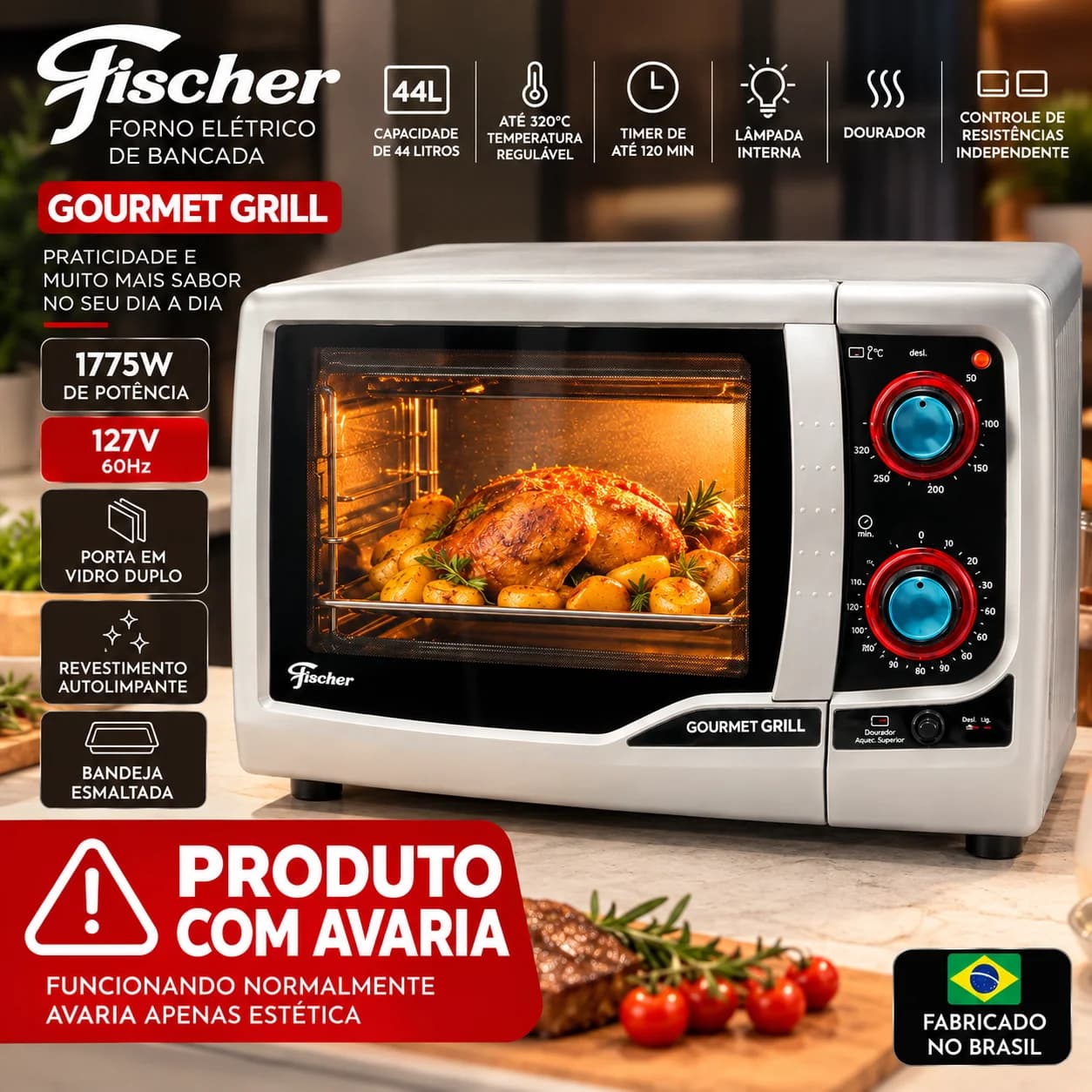 Forno Elétrico Fischer Gourmet Grill 44L 1775W 127V Prata - com avaria - 1