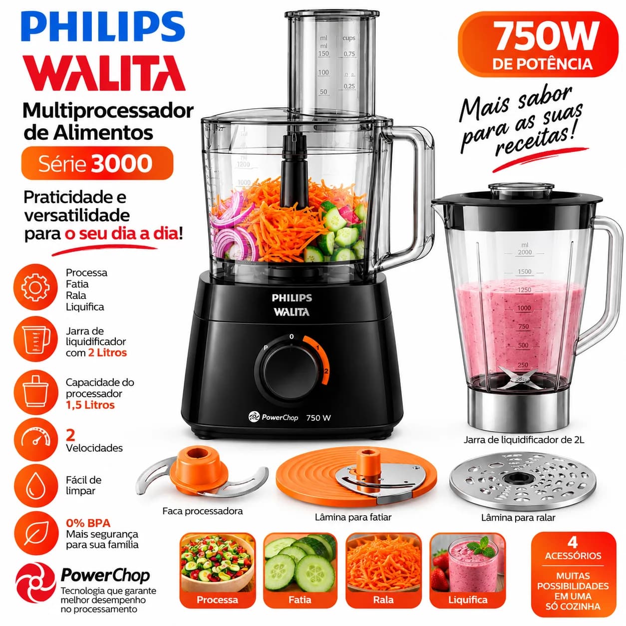 Processador Philips Walita PowerChop RI7301 750W 1,5L 4 Acessórios 220V - 1