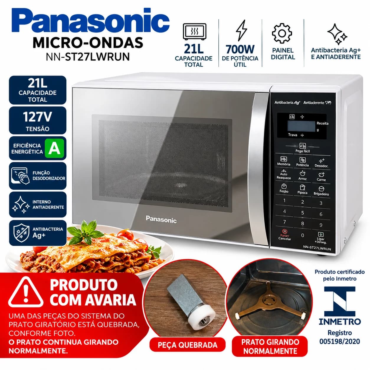 Micro-ondas Panasonic NN-ST27LWRUN 21L Branco Espelhado 127V – Com Avaria - 1