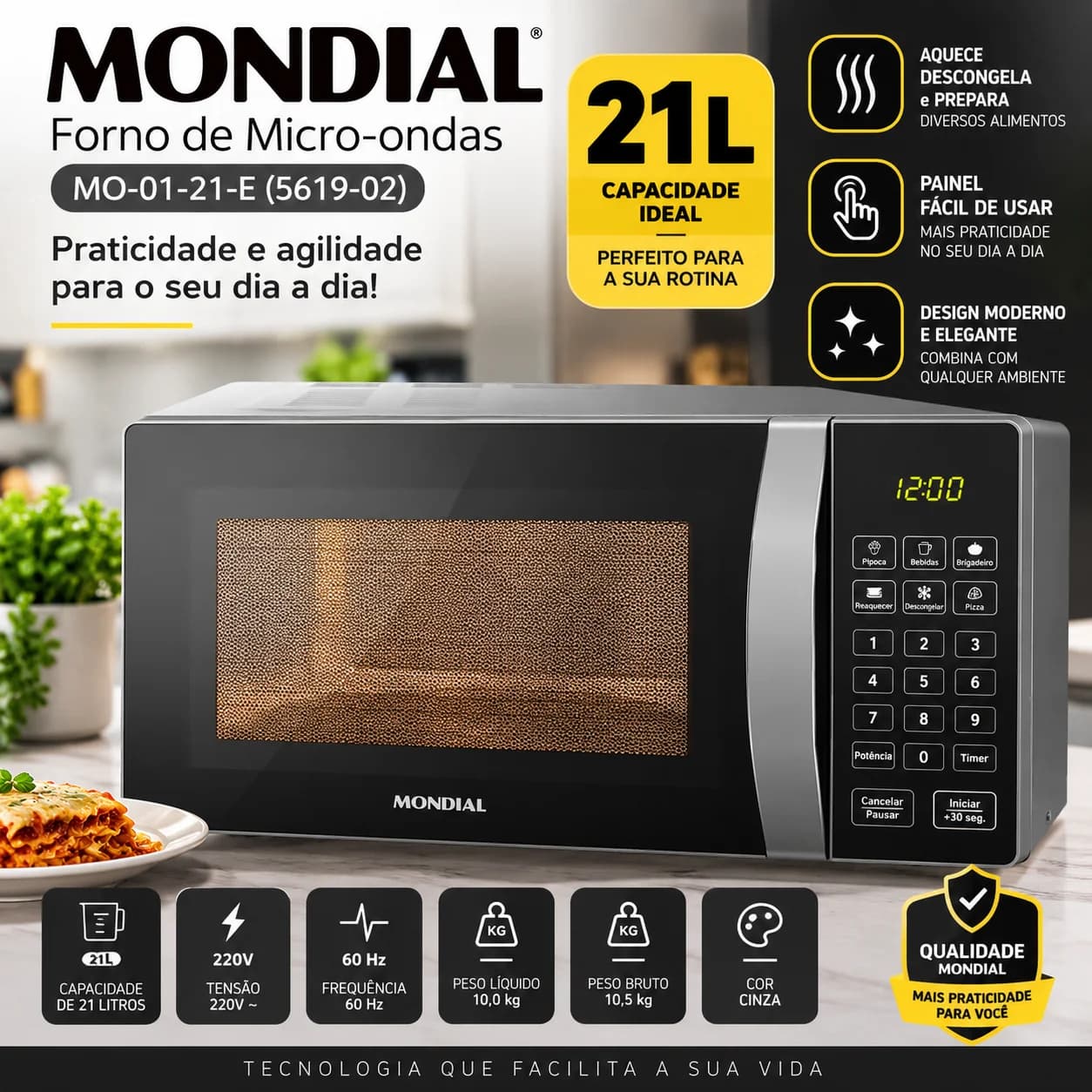 Micro-ondas Mondial 21L MO-01-21-E Espelhado 1200W 220V - 1