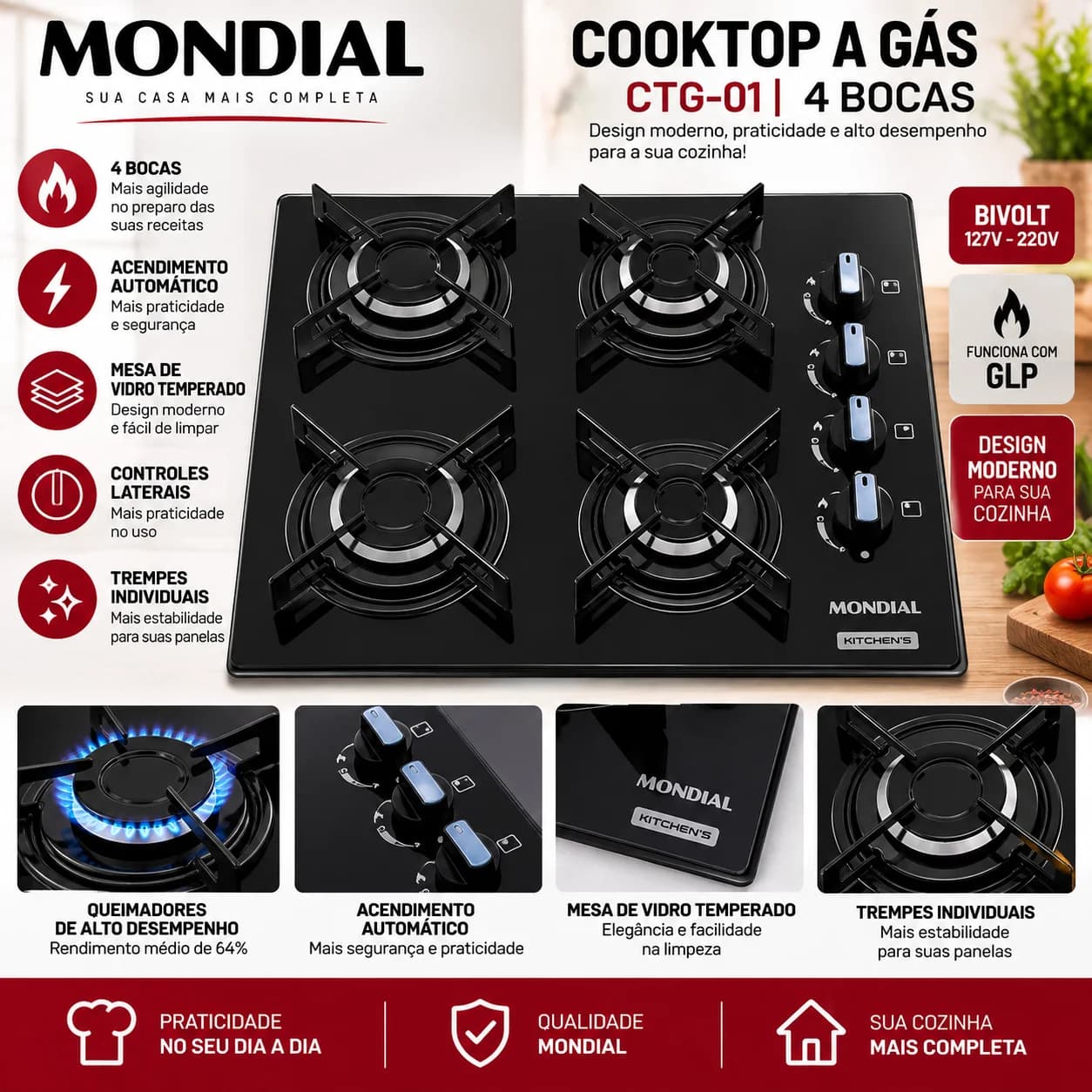 Cooktop a Gás Mondial CTG-01 4 Bocas Vidro Preto Bivolt - 1