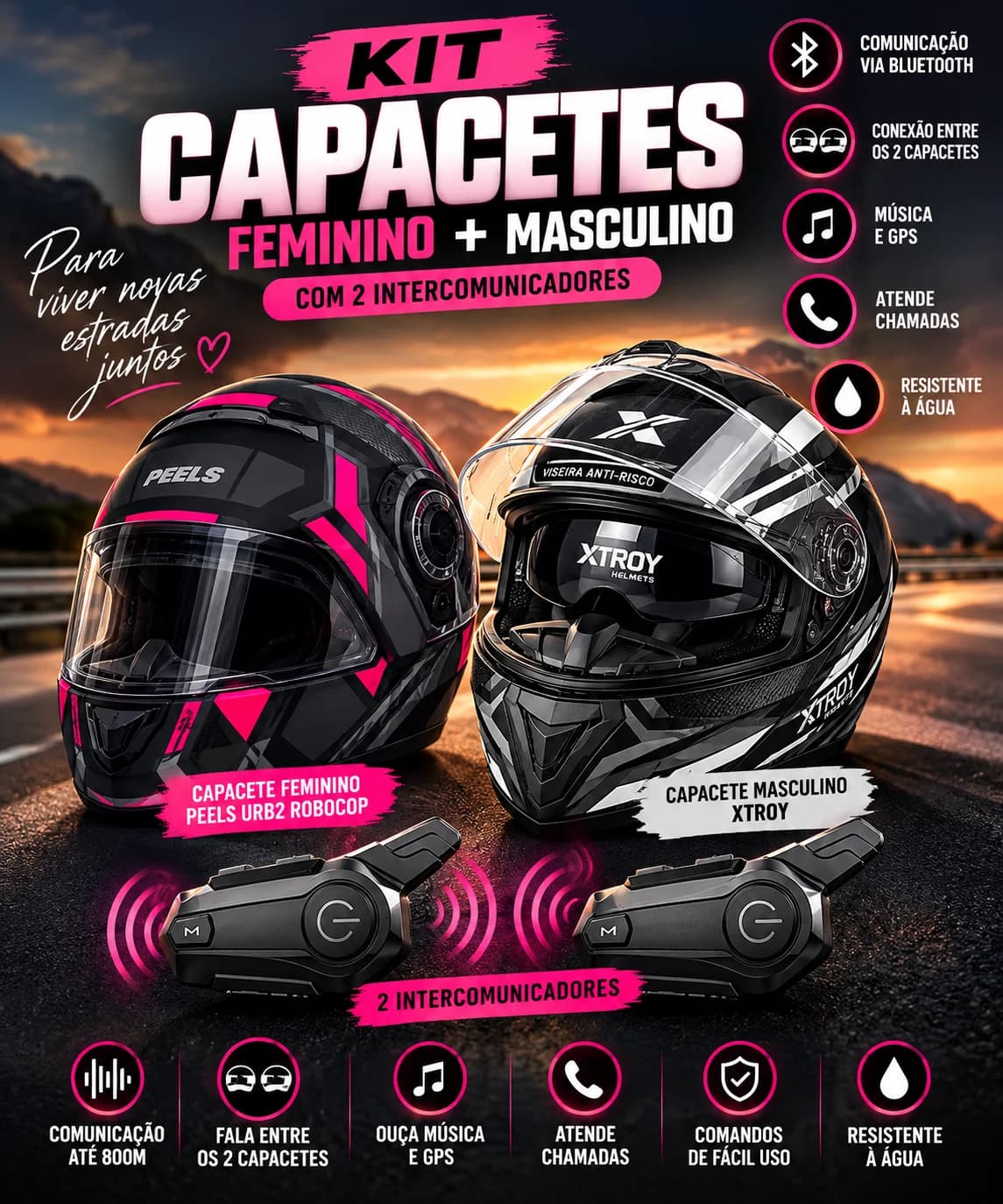 🏍️ Kit Casal: 2 Capacetes X-Troy + 2 Intercomunicadores Bluetooth - 1