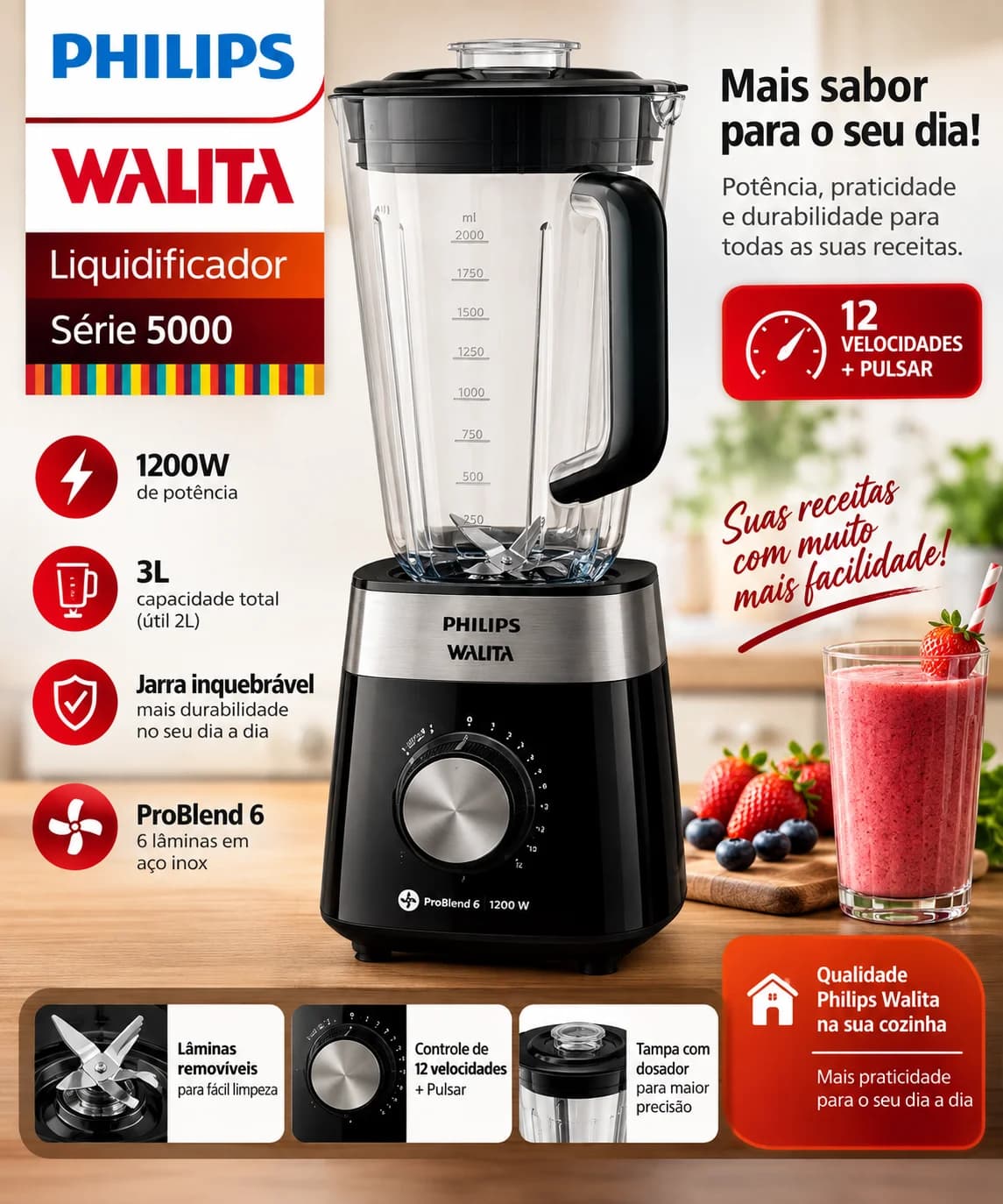 Liquidificador Philips Walita Série 5000 RI2242 1200W 3L 220V Preto - 1