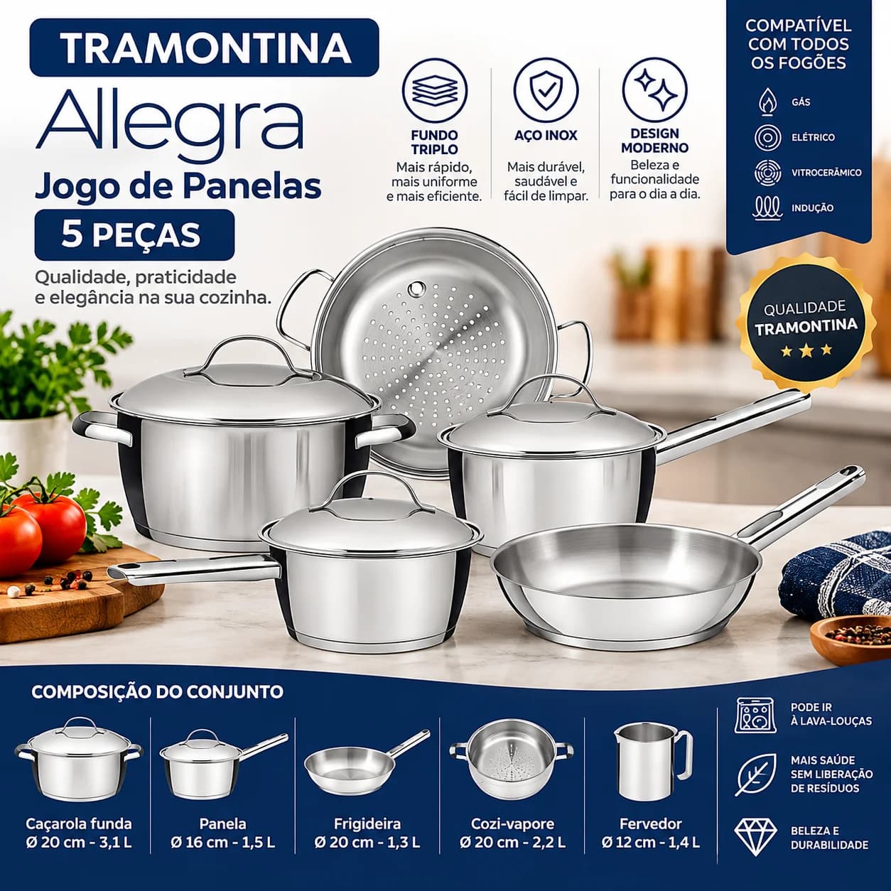Jogo de Panelas Tramontina Allegra 5 Peças Aço Inox Fundo Triplo Indução. - 1