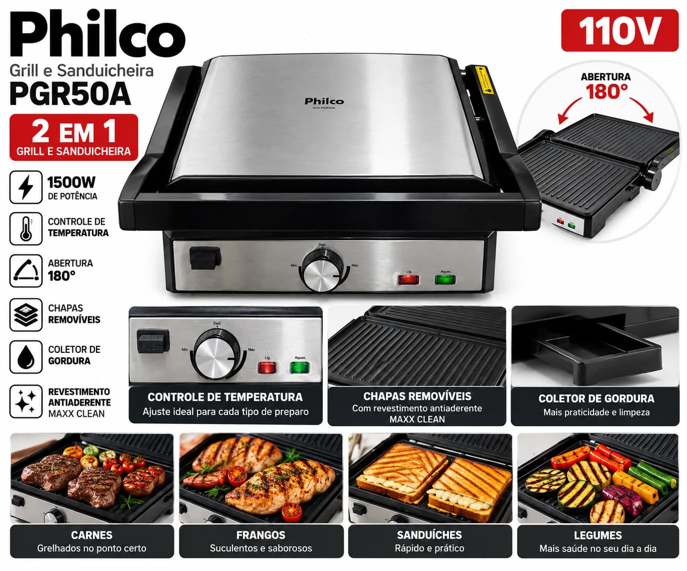 Grill e Sanduicheira Philco PGR50A 2 em 1 1500W 110V Abertura 180° - 1