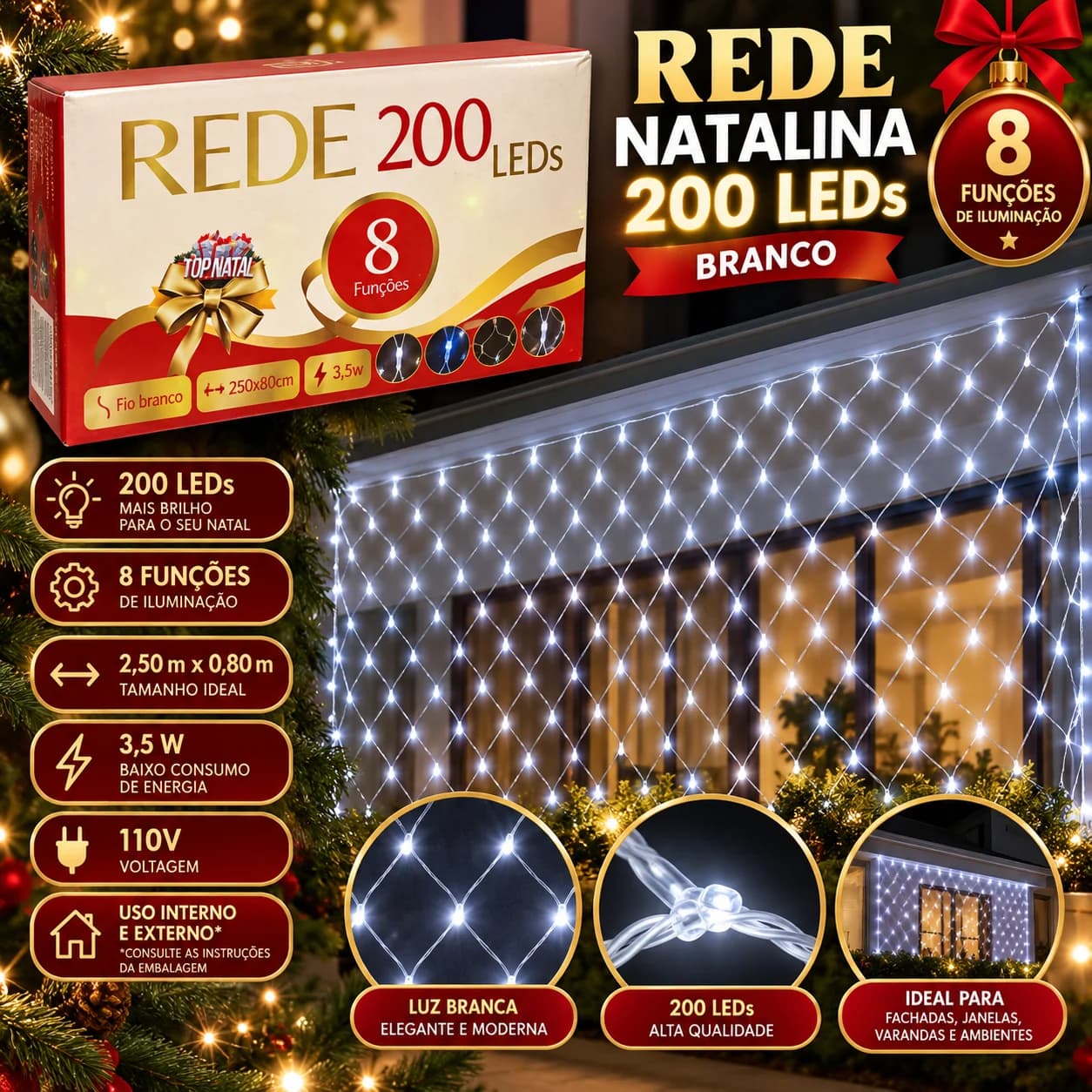 Pisca Pisca Rede Natalina 200 LEDs Branco 2,5x0,80m 8 Funções 110V - 1