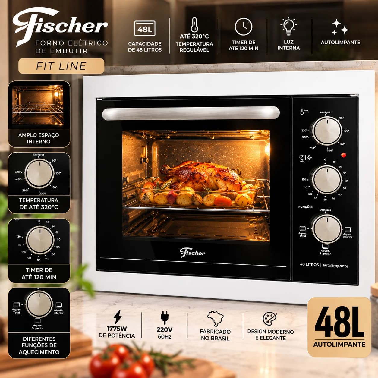 Forno Elétrico de Embutir Fischer Fit Line 48L 1775W 220V Branco Autolimpante - 1