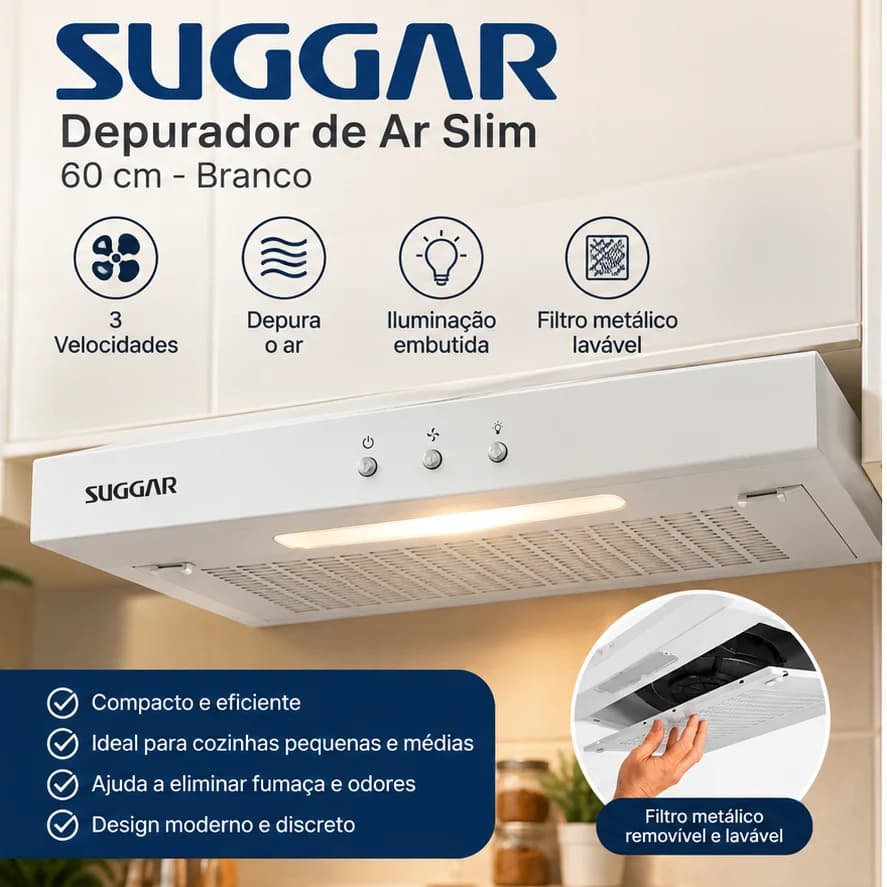 Depurador de Ar Suggar Slim 60cm Branco DPS160BIBR bivolt - 1