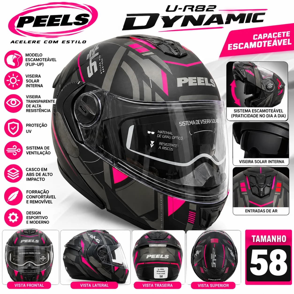 Capacete Peels U-RB2 Dynamic Escamoteável Preto Fosco Pink Tam 58 Viseira Solar - 1