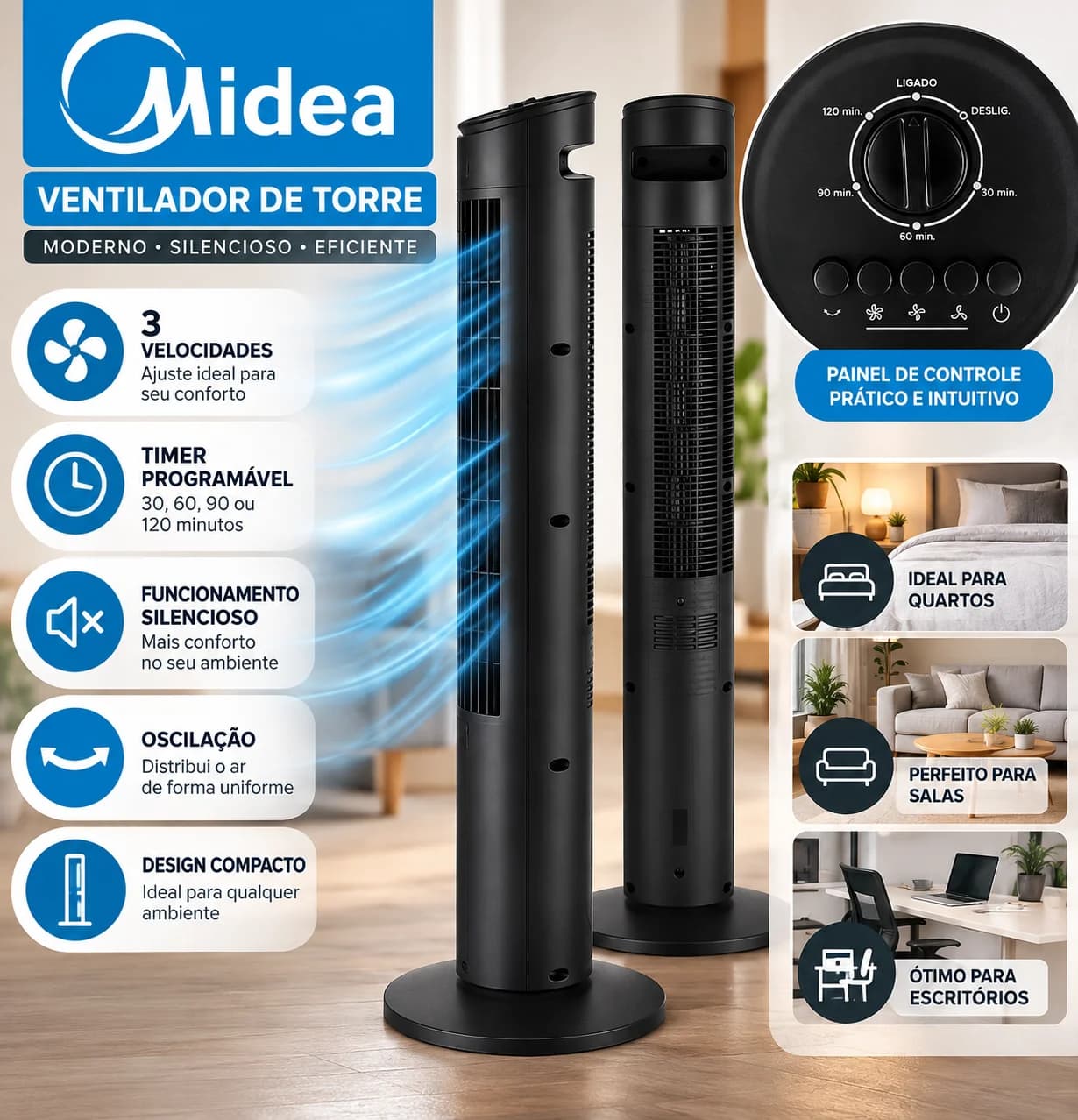 Ventilador De Torre Midea Preto, Programável, Silencioso com ajuste de 3 velocidades - 1